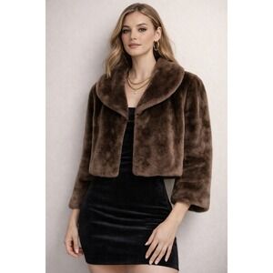 Ceyon Brown  Plush Teddy Faux Fur Cropped Jacket Glamorous Evening Brown sz L